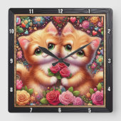 Valentine Kitten Couple Rose Wall Vierkante Klok (Voorkant)