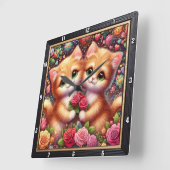 Valentine Kitten Couple Rose Wall Vierkante Klok (Hoek)