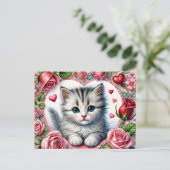Valentine Kitten with Red Roses Briefkaart (Staand voorkant)