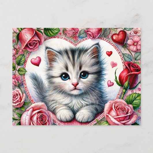 Valentine Kitten with Red Roses Briefkaart (Voorkant)