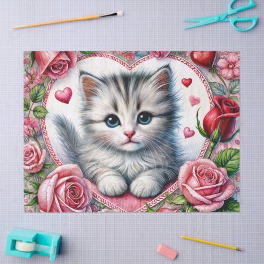 Valentine Kitten With Roses Tissue Paper Tissuepapier (Craft)