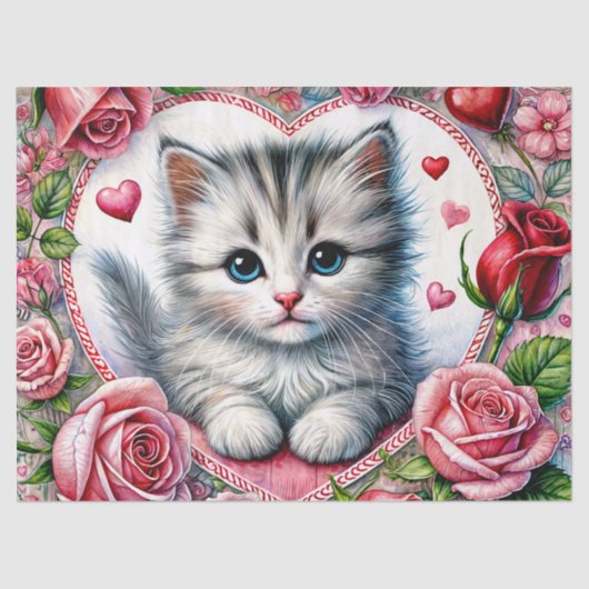 Valentine Kitten With Roses Tissue Paper Tissuepapier (Voorkant)