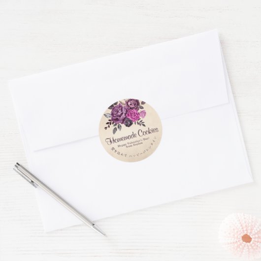 Valentine Kraft Paper Purple Roses Elegant Floral Ronde Sticker (Envelop)