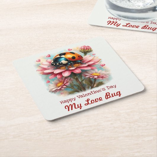  Valentine Love Bug on Blossoms Rose Kartonnen Onderzetters (Schuin)