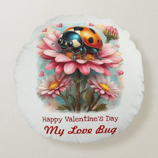  Valentine Love Bug on Blossoms Rose Rond Kussen (Voorkant)