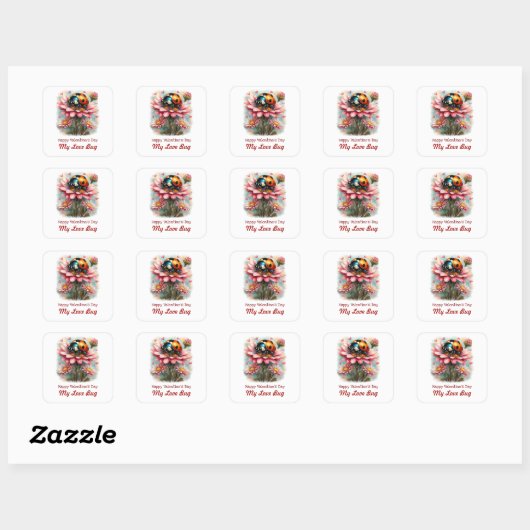  Valentine Love Bug on Blossoms Rose Vierkante Sticker (Vel)