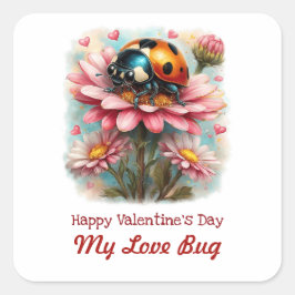  Valentine Love Bug on Blossoms Rose Vierkante Sticker