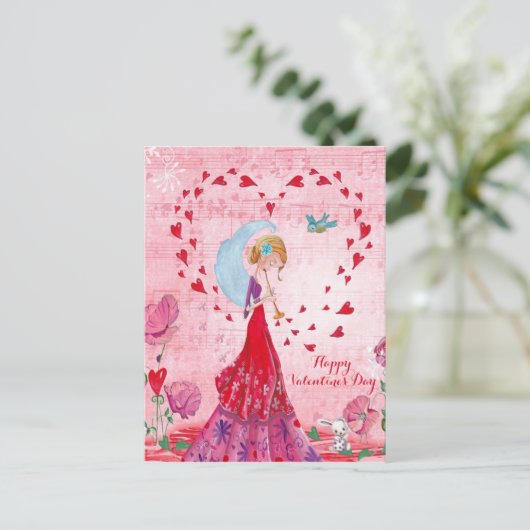 Valentine Love Music Girl | Postcard Feestdagenkaart (Staand voorkant)
