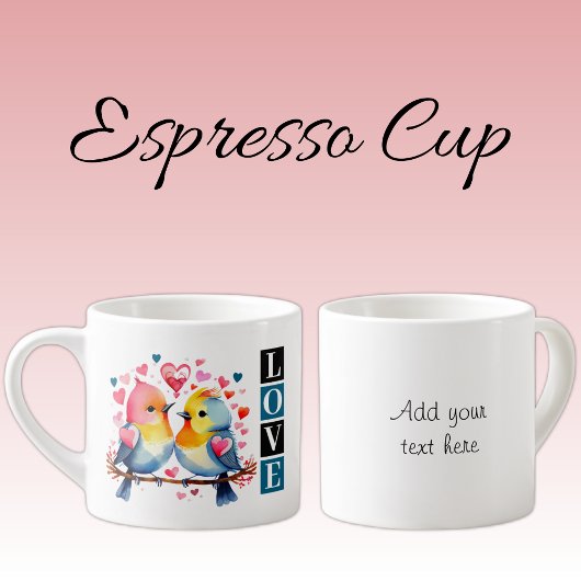 Valentine lovebirds custom text blue espresso kop