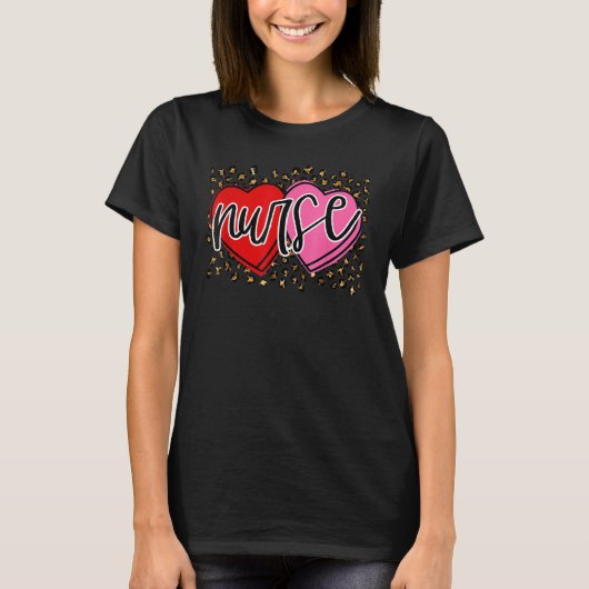 Valentine Nurse Retro Heart Leopard Happy Valentin T-shirt (Voorkant)