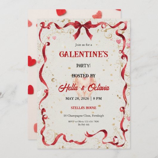 Valentine Party Invitation Printable Kaart (Voorkant / Achterkant)