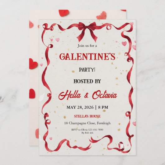 Valentine Party Invitation Printable Kaart (Voorkant / Achterkant)