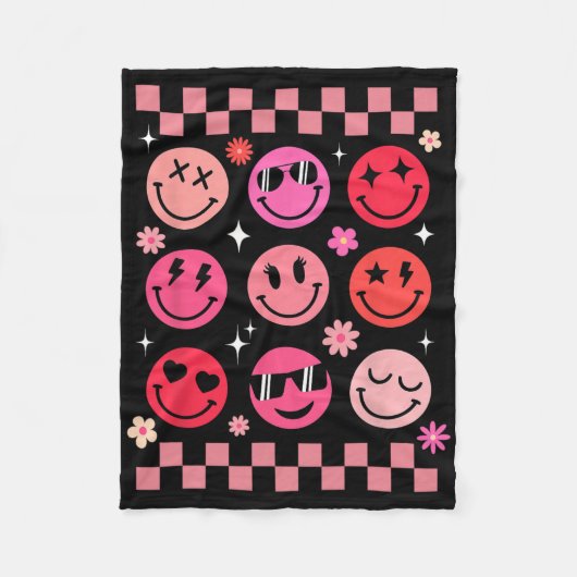 Valentine Retro Groovy Pink Happy Face Fleece Deken (Voorkant)