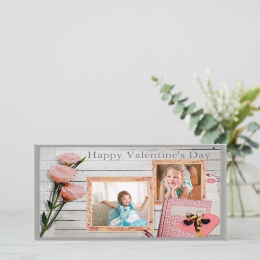 Valentine, Roze Rozen, Hart Twee Lijstjes Fotokaar Feestdagenkaart (Staand voorkant)