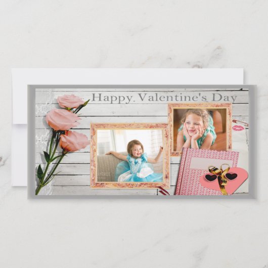 Valentine, Roze Rozen, Hart Twee Lijstjes Fotokaar Feestdagenkaart (Voorkant)