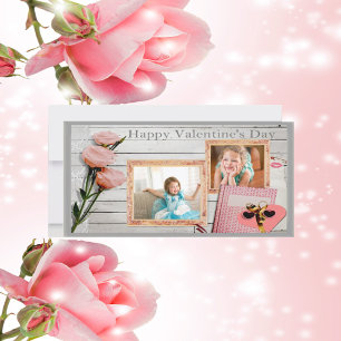Valentine, Roze Rozen, Hart Twee Lijstjes Fotokaar Feestdagenkaart