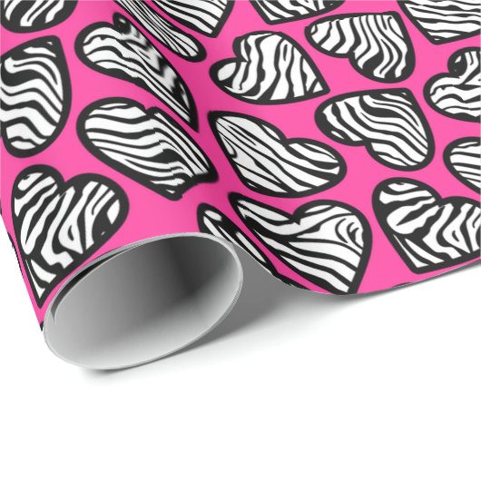 Valentine Roze Zwart en Wit Zebra hart patroon Cadeaupapier (Rol Hoek)