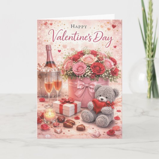 Valentine’s Day Card – Romantic Teddy Bear & Roses Kaart (Voorkant)