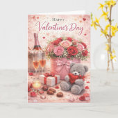 Valentine’s Day Card – Romantic Teddy Bear & Roses Kaart (Gele Bloem)