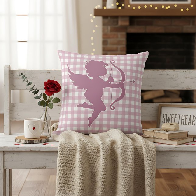 Valentine’s Day Cupid Pink and White Plaid Gingham Kussen (Creator heeft geüpload)