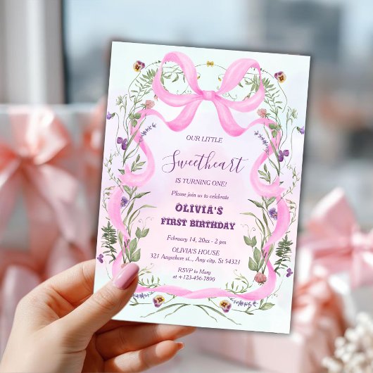 Valentine’s Day Floral Pink Bow First Birthday Kaart