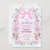 Valentine’s Day Floral Pink Bow First Birthday Kaart (Voorkant)