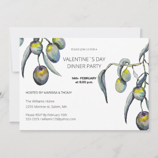 Valentine`s Dinner Party Aquarel Olijftak Feestdagenkaart (Voorkant)