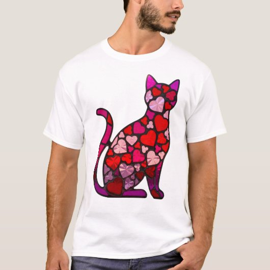 Valentine Stained Glass Cat Heart | Retro Mosaic  T-shirt (Voorkant)