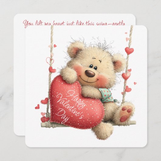 Valentine Teddy Bear on Swing with Heart  Feestdagenkaart (Voorkant / Achterkant)