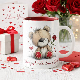 Valentine Teddy Bear with Rose and Hearts Mok