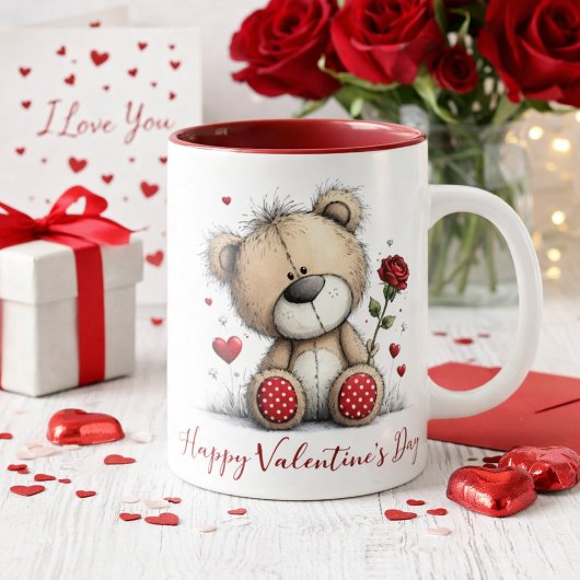 Valentine Teddy Bear with Rose and Hearts Mok
