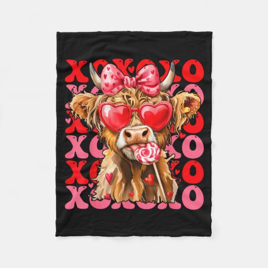 Valentine Xoxo Highland Cow Cute Coquette Bow West Fleece Deken (Voorkant)