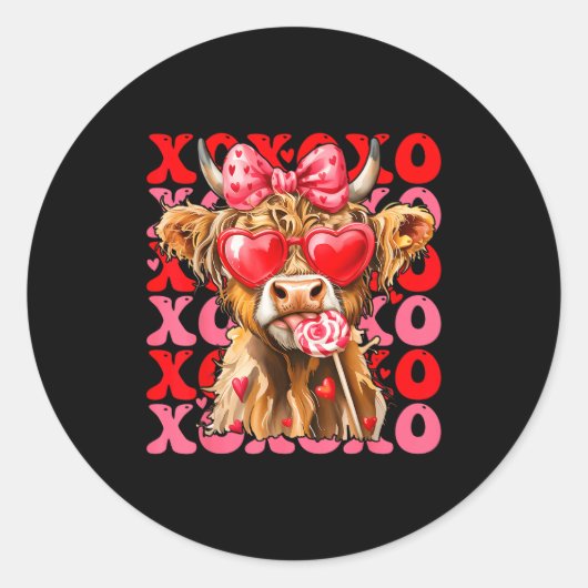 Valentine Xoxo Highland Cow Cute Coquette Bow West Ronde Sticker (Voorkant)