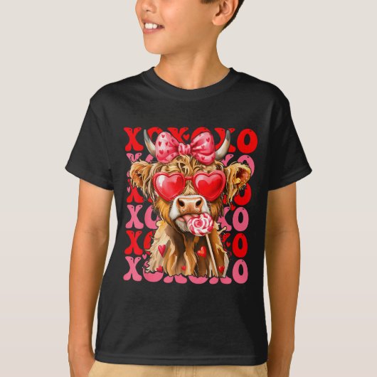Valentine Xoxo Highland Cow Cute Coquette Bow West T-shirt (Voorkant)