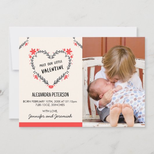 Valentines birth announcement floral heart aankondiging (Voorkant)