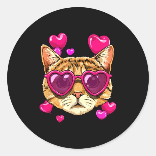 Valentines Ca Kitten Wearing Sungl Heart Cat Lover Ronde Sticker (Voorkant)