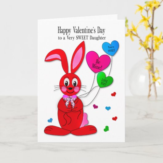 Valentines daughter Red Bunny Heart Balloons Card Kaart (Gele Bloem)