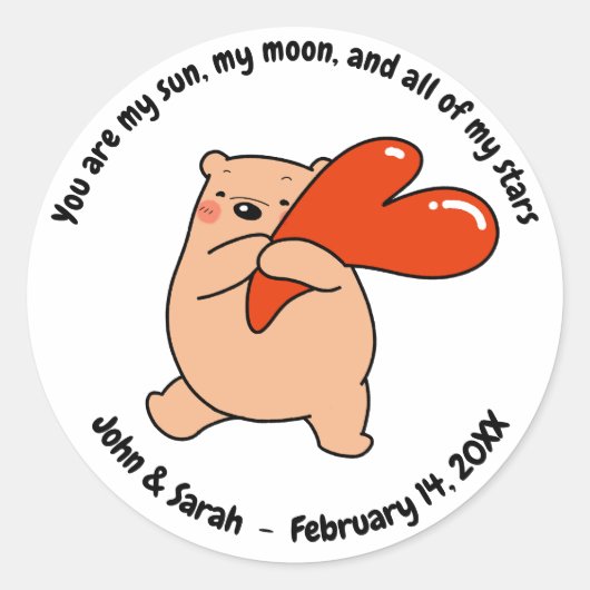 Valentine's Day Bear Love Heart Ronde Sticker (Voorkant)