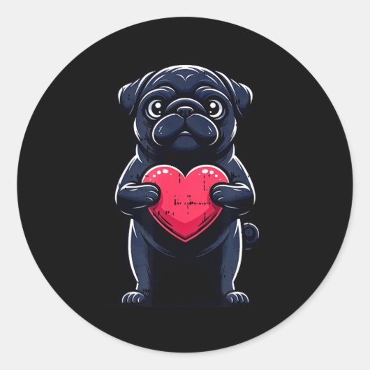 Valentines Day Black Pug Heart Funny Dog Mom Dad F Ronde Sticker (Voorkant)