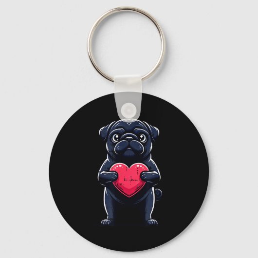 Valentines Day Black Pug Heart Funny Dog Mom Dad F Sleutelhanger (Voorkant)