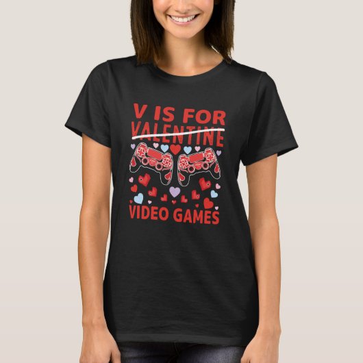Valentines Day boys kids son V Is For Video Games  T-shirt (Voorkant)
