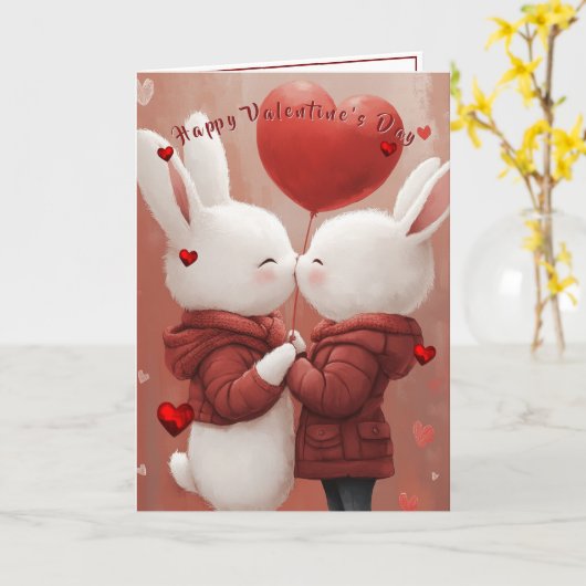 Valentine's Day Card Bunnies Red Hearts  Kaart (Gele Bloem)