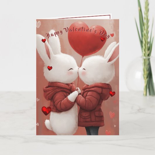 Valentine's Day Card Kissing Bunnies Red Hearts Kaart (Voorkant)