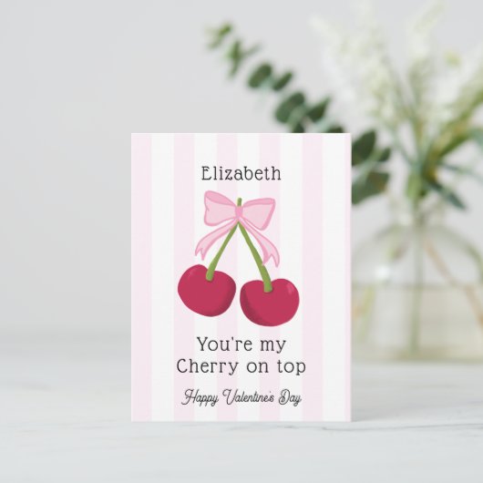 Valentine's Day Cherry on Top Coquette Stripes Briefkaart (Staand voorkant)