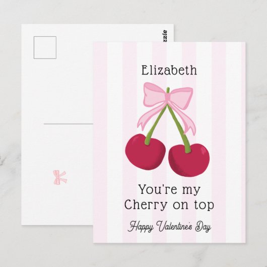 Valentine's Day Cherry on Top Coquette Stripes Briefkaart (Voorkant / Achterkant)