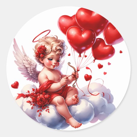 Valentine's Day Cherub Heart Red White Ronde Sticker (Voorkant)