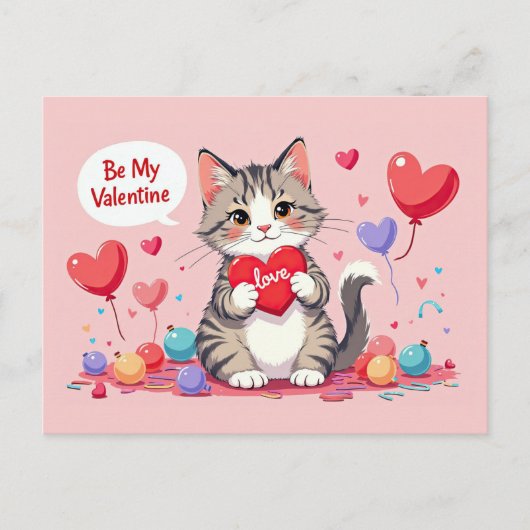 Valentines Day Cute Cat Hearts Be My Valentine Briefkaart (Voorkant)