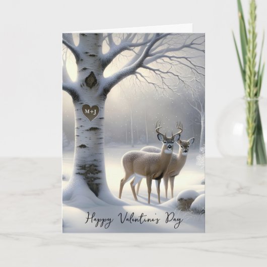 Valentine's Day Deer with Initials on Tree Heart Feestdagen Kaart (Voorkant)
