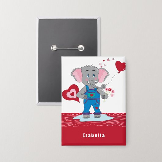 Valentine's Day Elephant Red and White Kid Button (Voorkant / Achterkant)