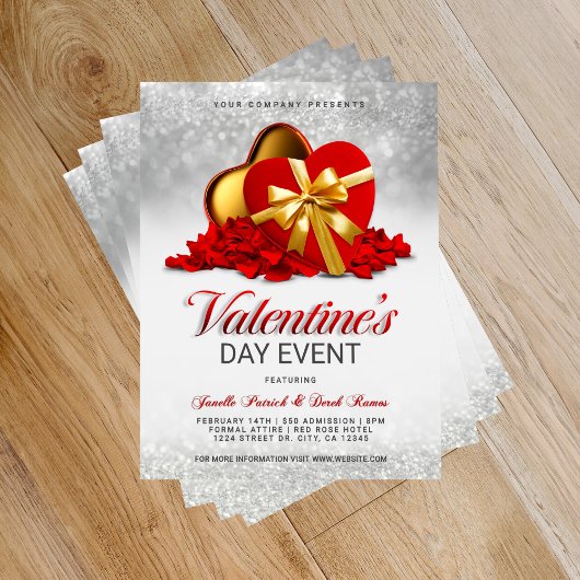 Valentine's Day Event Red Heart Box & Rose Petals Flyer
